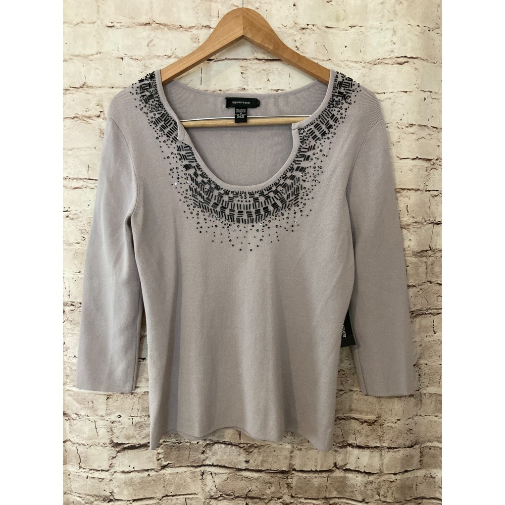 Spense Top‎ Womens Medium Santana Knit Gray Beaded Trim Long Sleeve Stretch